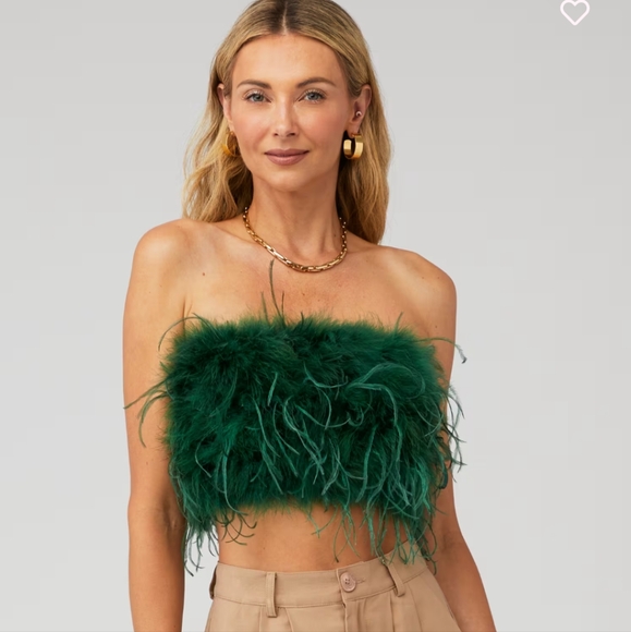 LAMARQUE Zaina Ostrich Feather Bustier Jewel Toned Green Top - Picture 1 of 8